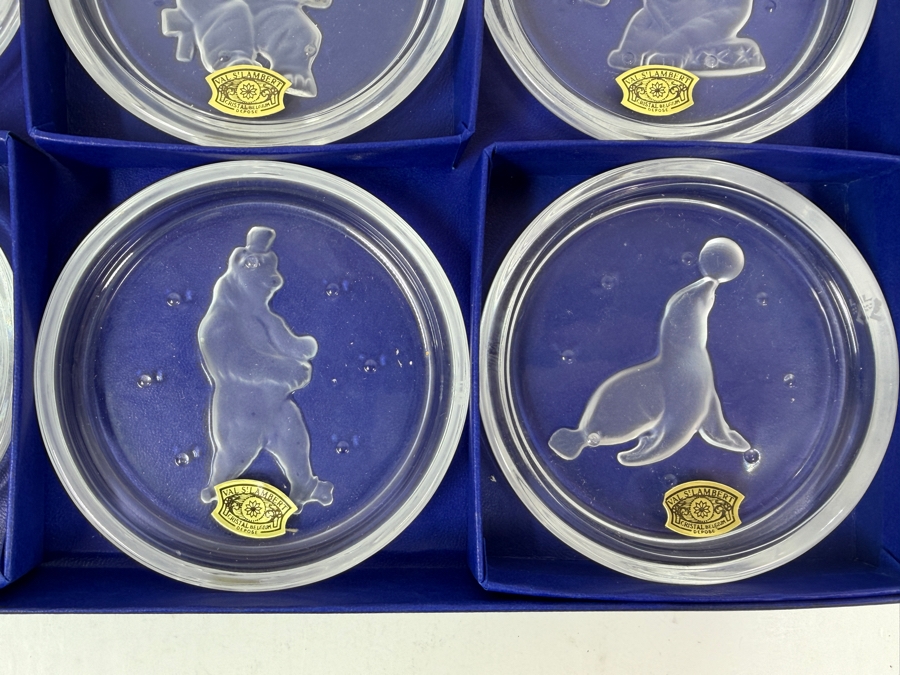 New Set Of Six Val St. Lambert Crystal Coasters Featuring Circus Animals With Gold Embossed Seals [Photo 4]