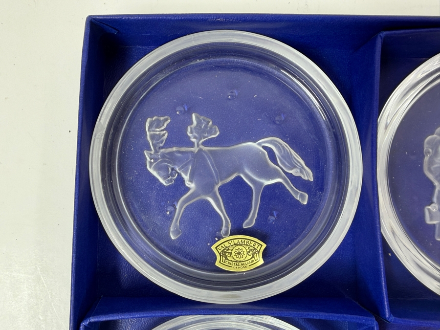 New Set Of Six Val St. Lambert Crystal Coasters Featuring Circus Animals With Gold Embossed Seals [Photo 6]