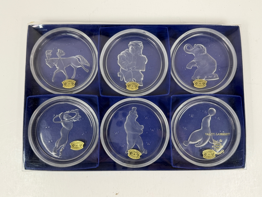 New Set Of Six Val St. Lambert Crystal Coasters Featuring Circus Animals With Gold Embossed Seals [Photo 8]