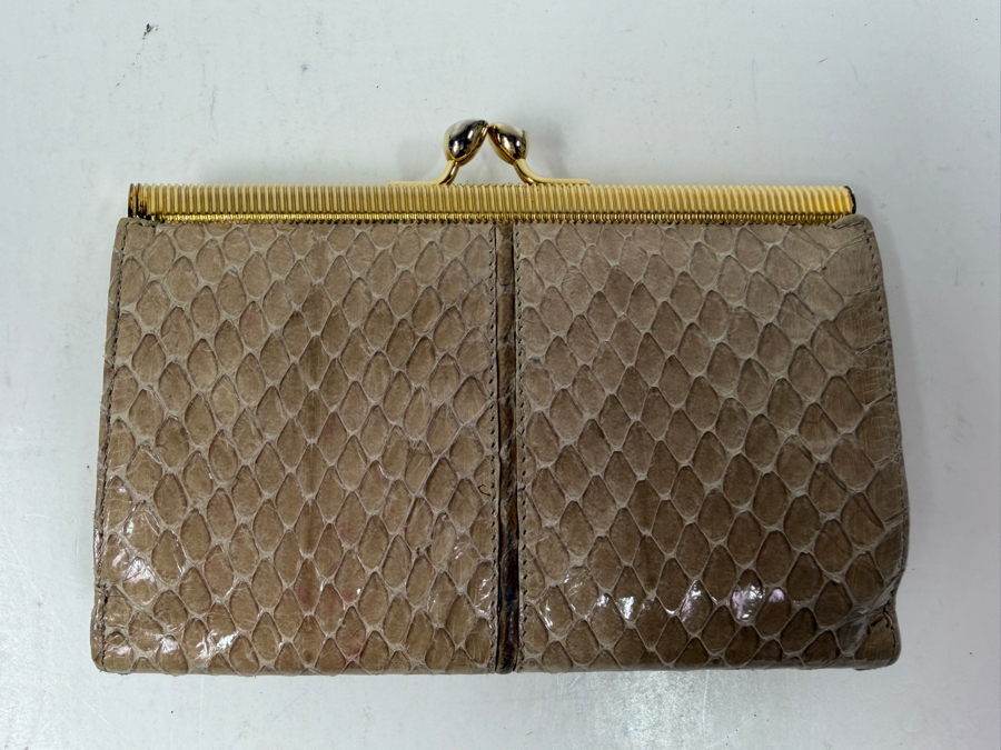 Judith Leiber New York Genuine Snakeskin Clutch Wallet With Gold Kiss Lock Clasp/Hardware And Dust bag 5'W x 3.5'H [Photo 4]
