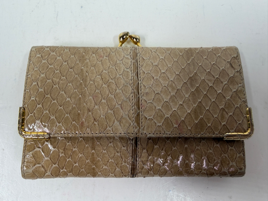 Judith Leiber New York Genuine Snakeskin Clutch Wallet With Gold Kiss Lock Clasp/Hardware And Dust bag 5'W x 3.5'H [Photo 3]