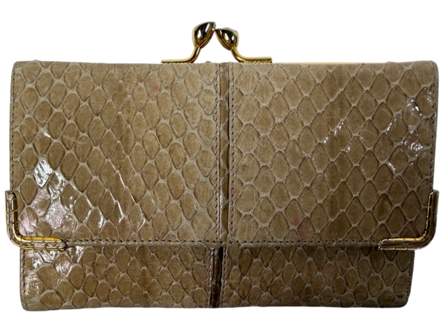 Judith Leiber New York Genuine Snakeskin Clutch Wallet With Gold Kiss Lock Clasp/Hardware And Dust bag 5'W x 3.5'H