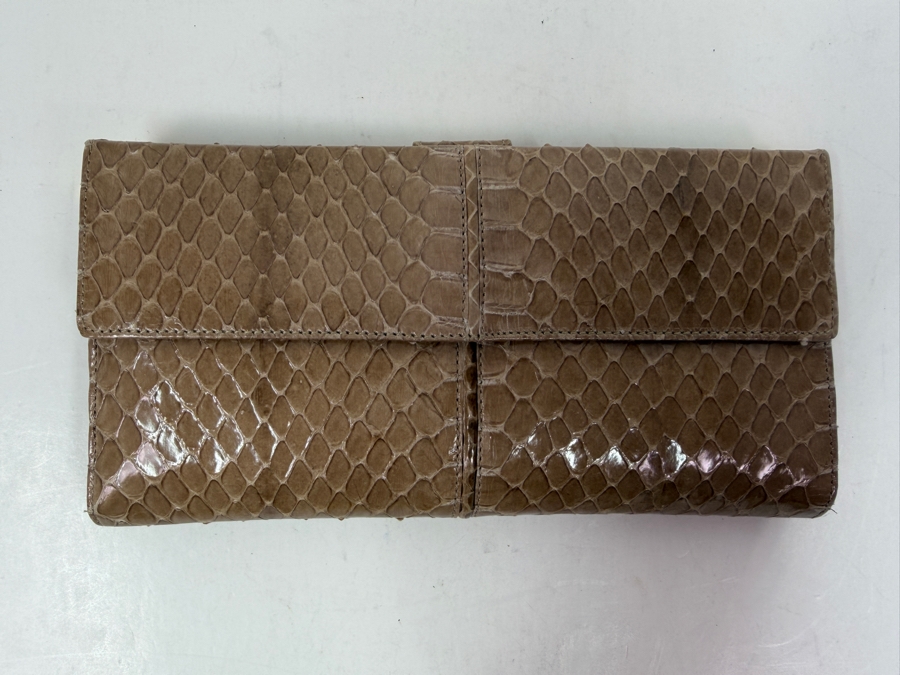 Authentic Judith Leiber Taupe Whipsnake Leather Flap Evening Clutch Wallet With Gold Tone Hardware, Metal Corners And Original Box 7'W X 3.5'H [Photo 4]