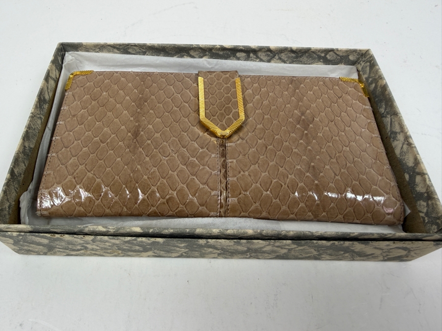 Authentic Judith Leiber Taupe Whipsnake Leather Flap Evening Clutch Wallet With Gold Tone Hardware, Metal Corners And Original Box 7'W X 3.5'H [Photo 3]