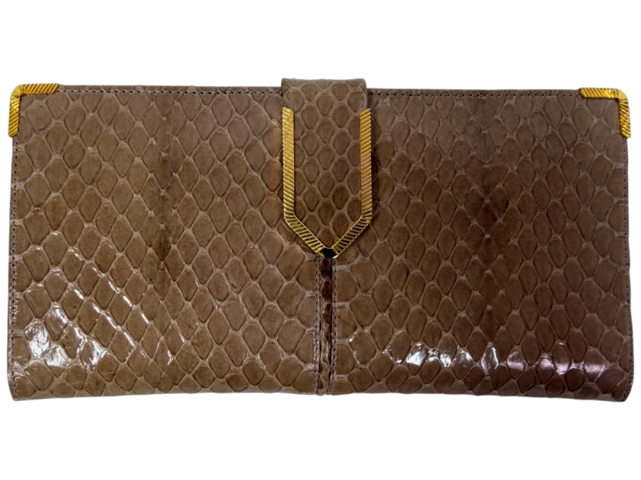 Authentic Judith Leiber Taupe Whipsnake Leather Flap Evening Clutch Wallet With Gold Tone Hardware, Metal Corners And Original Box 7'W X 3.5'H
