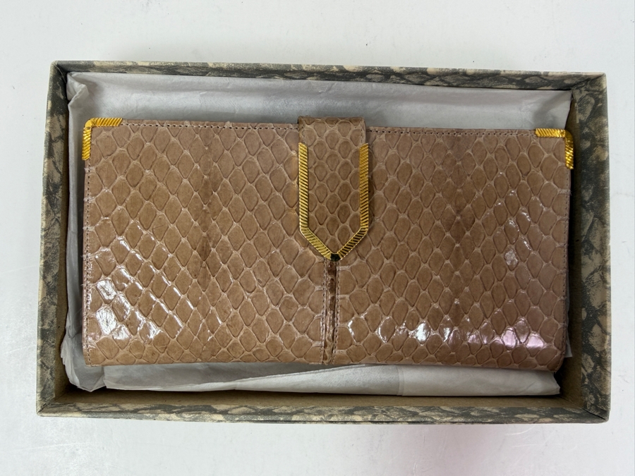 Authentic Judith Leiber Taupe Whipsnake Leather Flap Evening Clutch Wallet With Gold Tone Hardware, Metal Corners And Original Box 7'W X 3.5'H [Photo 2]