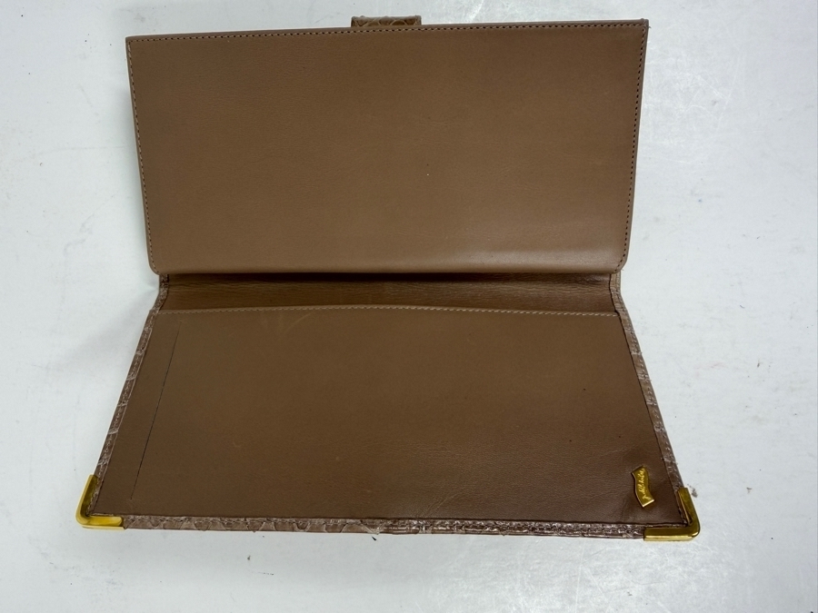 Authentic Judith Leiber Taupe Whipsnake Leather Flap Evening Clutch Wallet With Gold Tone Hardware, Metal Corners And Original Box 7'W X 3.5'H [Photo 6]