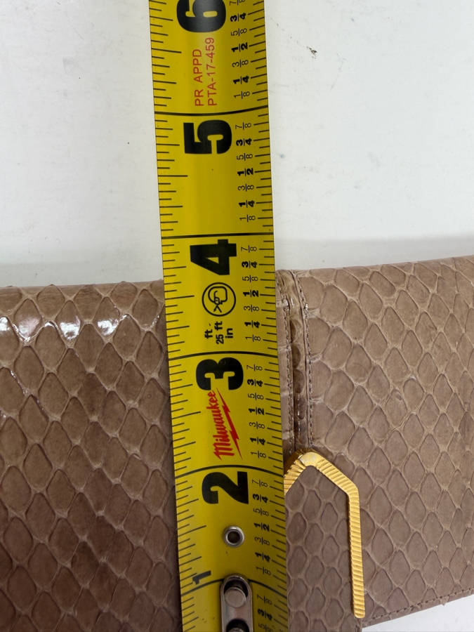 Authentic Judith Leiber Taupe Whipsnake Leather Flap Evening Clutch Wallet With Gold Tone Hardware, Metal Corners And Original Box 7'W X 3.5'H [Photo 8]