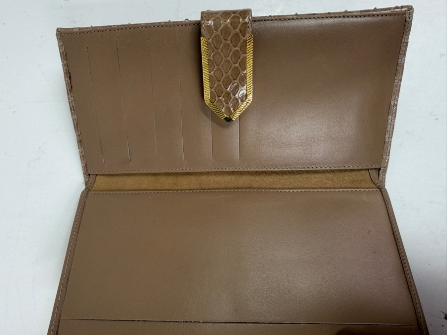Authentic Judith Leiber Taupe Whipsnake Leather Flap Evening Clutch Wallet With Gold Tone Hardware, Metal Corners And Original Box 7'W X 3.5'H [Photo 5]