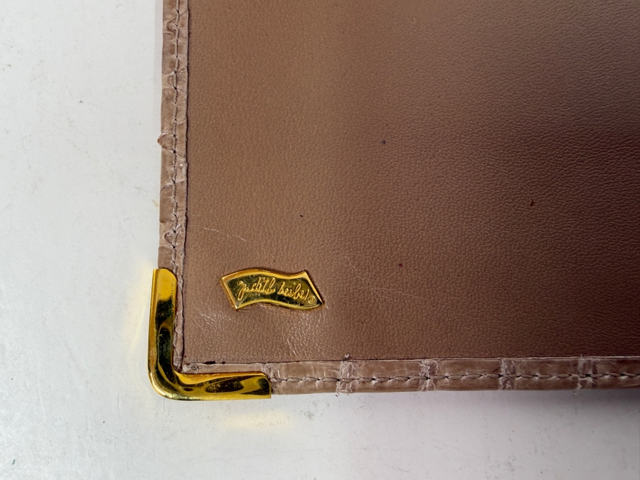 Authentic Judith Leiber Taupe Whipsnake Leather Flap Evening Clutch Wallet With Gold Tone Hardware, Metal Corners And Original Box 7'W X 3.5'H [Photo 7]
