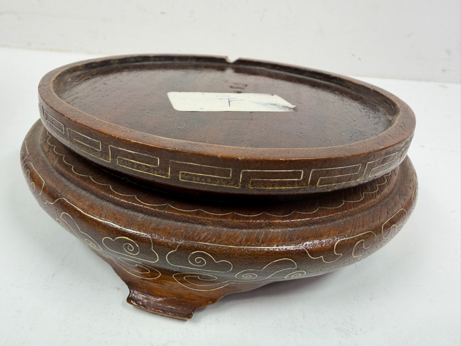 Vintage Chinese Cloisonne Enamel Standing Maiden Figurine Holding Lotus Flower And Leaf With Carved Face And Hands On Wooden Stand 13'H [Photo 14]