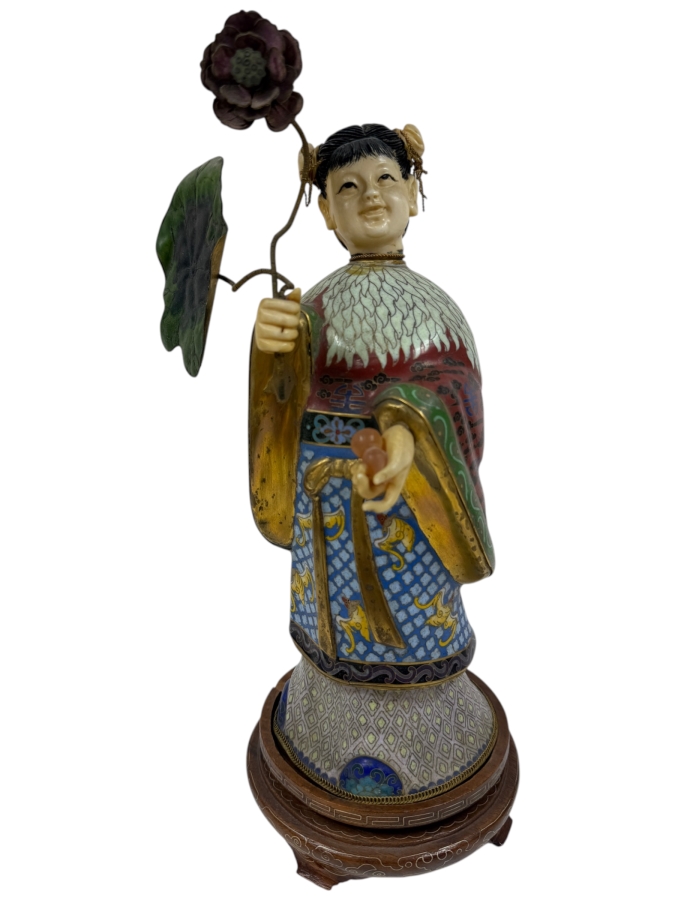 Vintage Chinese Cloisonne Enamel Standing Maiden Figurine Holding Lotus Flower And Leaf With Carved Face And Hands On Wooden Stand 13'H