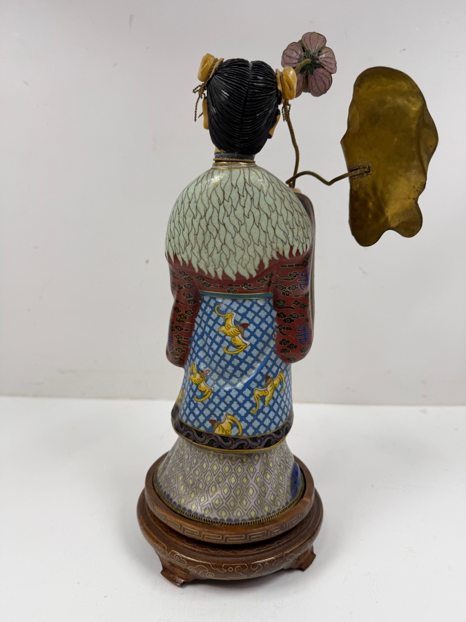 Vintage Chinese Cloisonne Enamel Standing Maiden Figurine Holding Lotus Flower And Leaf With Carved Face And Hands On Wooden Stand 13'H [Photo 9]