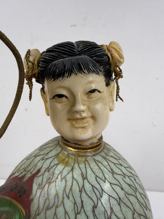 Vintage Chinese Cloisonne Enamel Standing Maiden Figurine Holding Lotus Flower And Leaf With Carved Face And Hands On Wooden Stand 13'H [Photo 3]