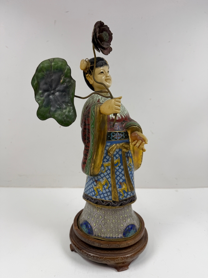 Vintage Chinese Cloisonne Enamel Standing Maiden Figurine Holding Lotus Flower And Leaf With Carved Face And Hands On Wooden Stand 13'H [Photo 5]