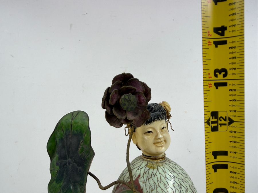 Vintage Chinese Cloisonne Enamel Standing Maiden Figurine Holding Lotus Flower And Leaf With Carved Face And Hands On Wooden Stand 13'H [Photo 18]