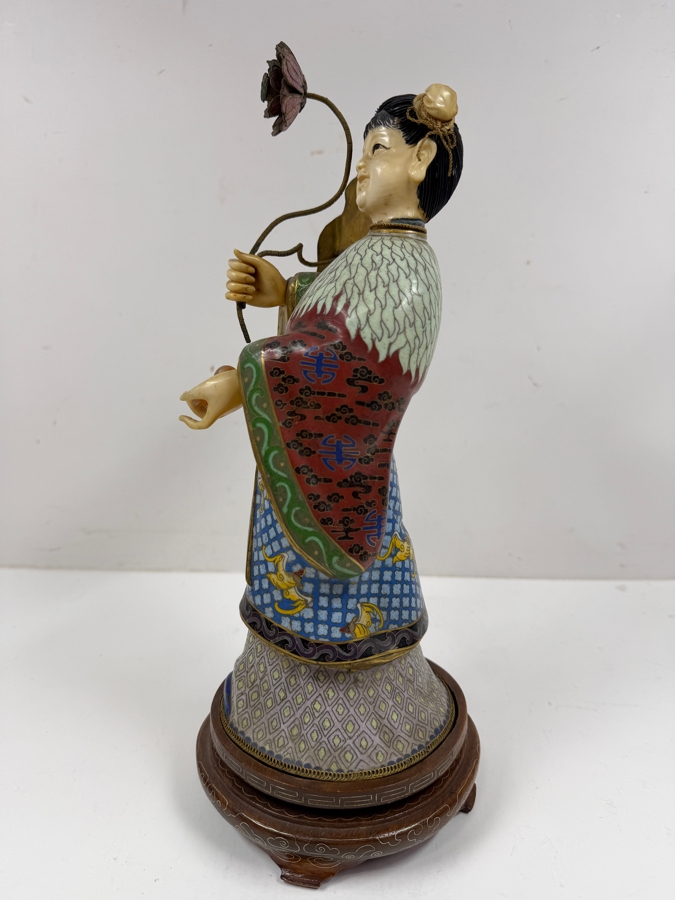 Vintage Chinese Cloisonne Enamel Standing Maiden Figurine Holding Lotus Flower And Leaf With Carved Face And Hands On Wooden Stand 13'H [Photo 12]
