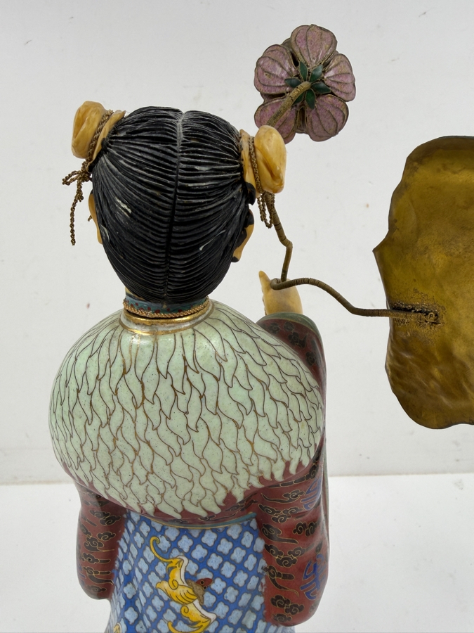 Vintage Chinese Cloisonne Enamel Standing Maiden Figurine Holding Lotus Flower And Leaf With Carved Face And Hands On Wooden Stand 13'H [Photo 11]