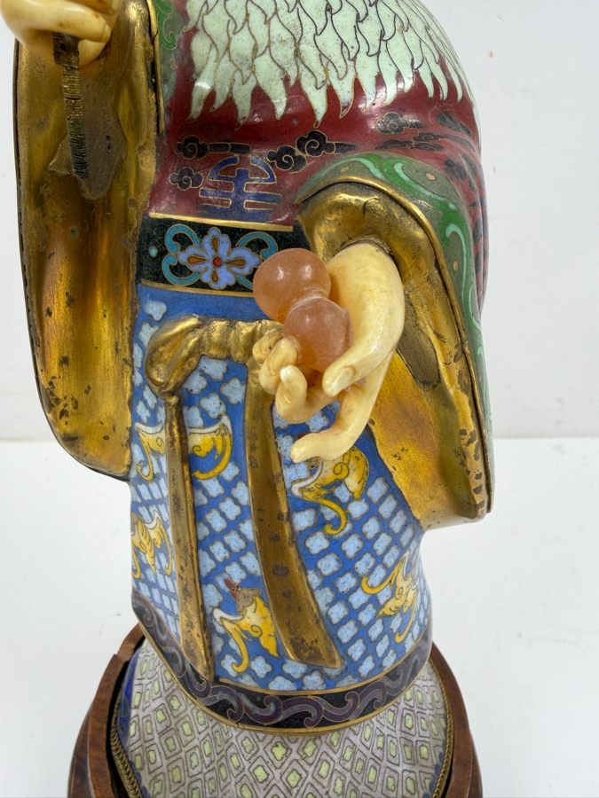 Vintage Chinese Cloisonne Enamel Standing Maiden Figurine Holding Lotus Flower And Leaf With Carved Face And Hands On Wooden Stand 13'H [Photo 2]