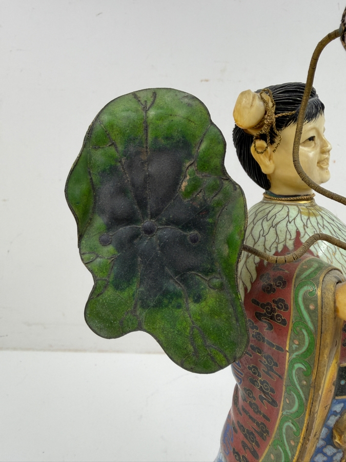 Vintage Chinese Cloisonne Enamel Standing Maiden Figurine Holding Lotus Flower And Leaf With Carved Face And Hands On Wooden Stand 13'H [Photo 6]