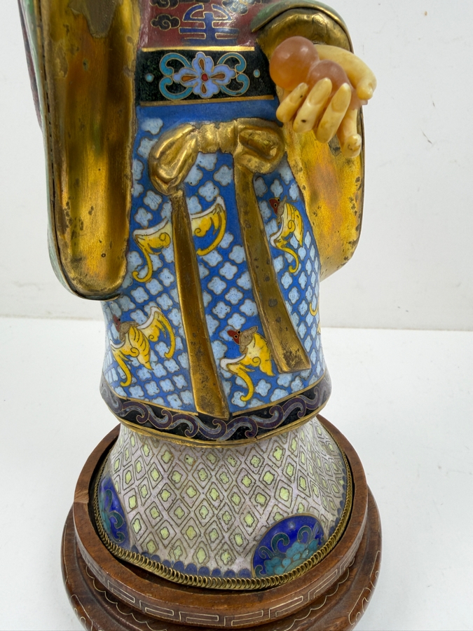 Vintage Chinese Cloisonne Enamel Standing Maiden Figurine Holding Lotus Flower And Leaf With Carved Face And Hands On Wooden Stand 13'H [Photo 8]