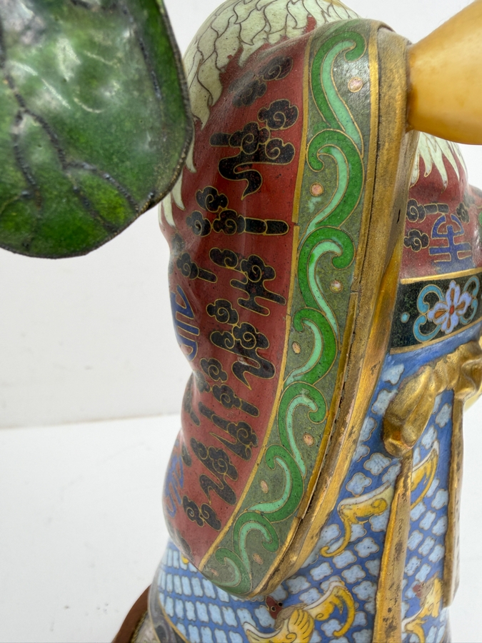 Vintage Chinese Cloisonne Enamel Standing Maiden Figurine Holding Lotus Flower And Leaf With Carved Face And Hands On Wooden Stand 13'H [Photo 7]