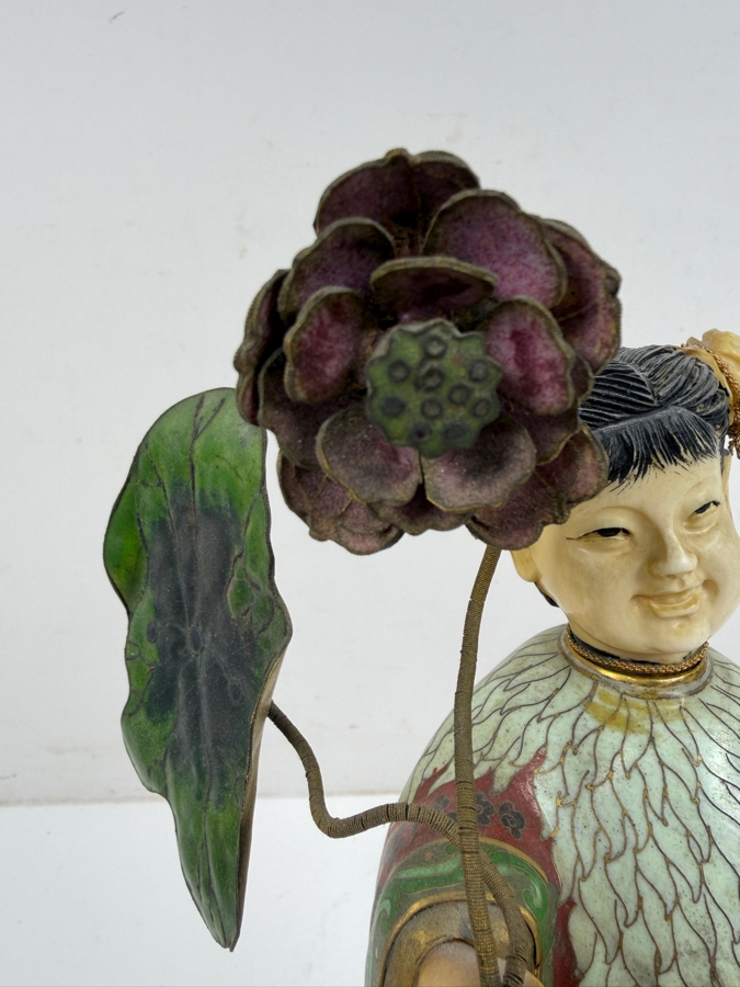 Vintage Chinese Cloisonne Enamel Standing Maiden Figurine Holding Lotus Flower And Leaf With Carved Face And Hands On Wooden Stand 13'H [Photo 4]