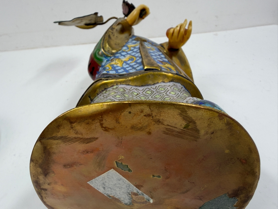 Vintage Chinese Cloisonne Enamel Standing Maiden Figurine Holding Lotus Flower And Leaf With Carved Face And Hands On Wooden Stand 13'H [Photo 17]