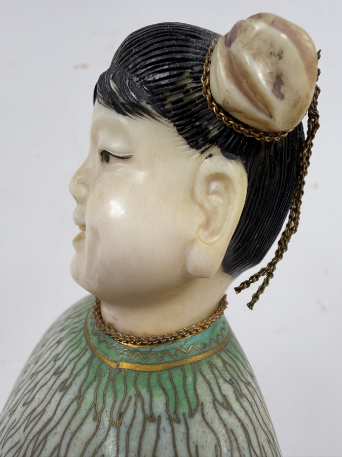 Chinese Cloisonne Enamel Figure Featuring A Finely Carved Smiling Face And Hands Wearing Elaborate Traditional Robes On Wooden Stand 12'H [Photo 11]