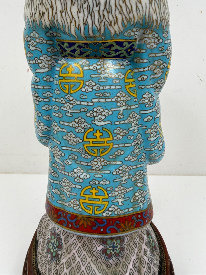 Chinese Cloisonne Enamel Figure Featuring A Finely Carved Smiling Face And Hands Wearing Elaborate Traditional Robes On Wooden Stand 12'H [Photo 8]