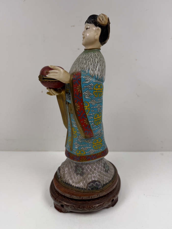 Chinese Cloisonne Enamel Figure Featuring A Finely Carved Smiling Face And Hands Wearing Elaborate Traditional Robes On Wooden Stand 12'H [Photo 9]