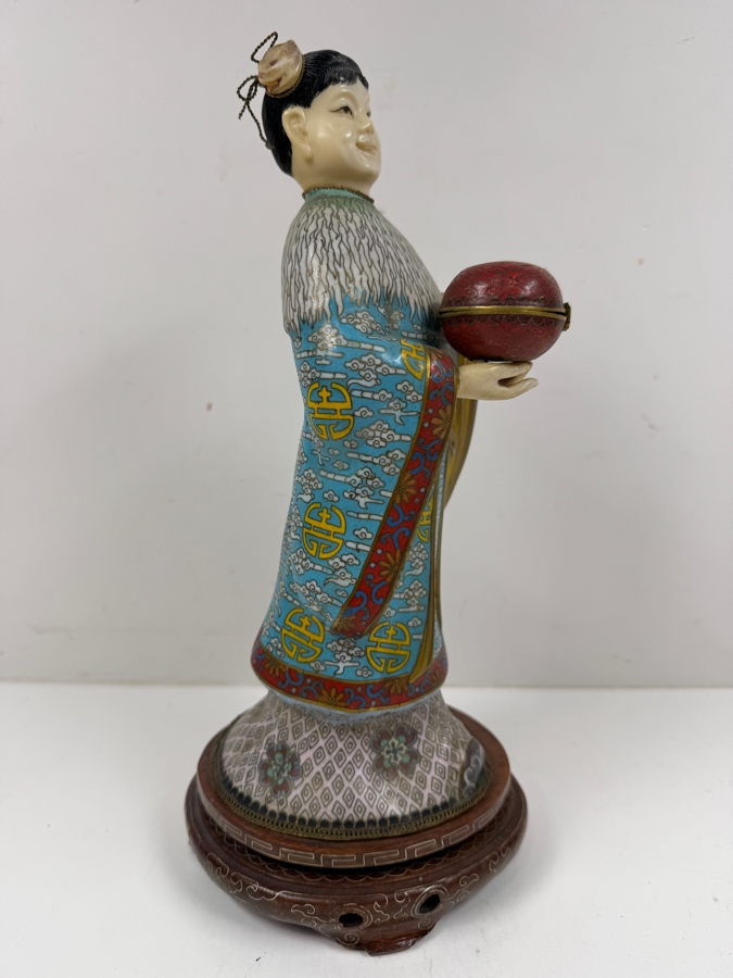 Chinese Cloisonne Enamel Figure Featuring A Finely Carved Smiling Face And Hands Wearing Elaborate Traditional Robes On Wooden Stand 12'H [Photo 6]