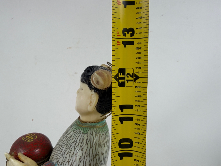 Chinese Cloisonne Enamel Figure Featuring A Finely Carved Smiling Face And Hands Wearing Elaborate Traditional Robes On Wooden Stand 12'H [Photo 14]