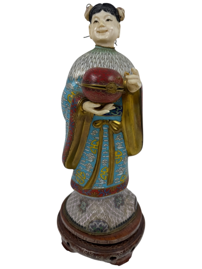 Chinese Cloisonne Enamel Figure Featuring A Finely Carved Smiling Face And Hands Wearing Elaborate Traditional Robes On Wooden Stand 12'H