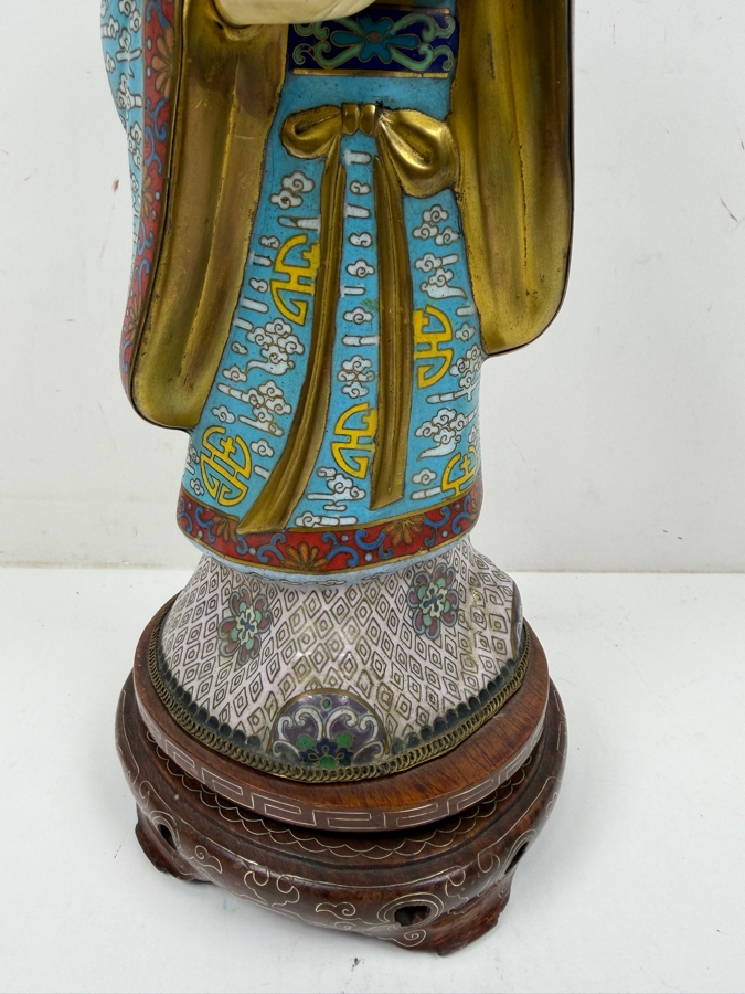 Chinese Cloisonne Enamel Figure Featuring A Finely Carved Smiling Face And Hands Wearing Elaborate Traditional Robes On Wooden Stand 12'H [Photo 5]