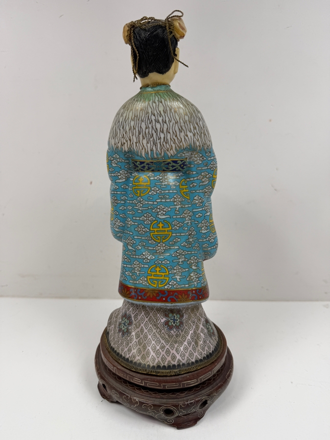 Chinese Cloisonne Enamel Figure Featuring A Finely Carved Smiling Face And Hands Wearing Elaborate Traditional Robes On Wooden Stand 12'H [Photo 7]