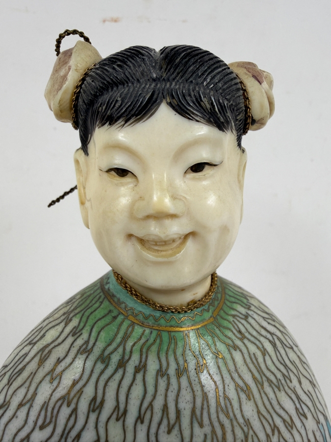 Chinese Cloisonne Enamel Figure Featuring A Finely Carved Smiling Face And Hands Wearing Elaborate Traditional Robes On Wooden Stand 12'H [Photo 3]
