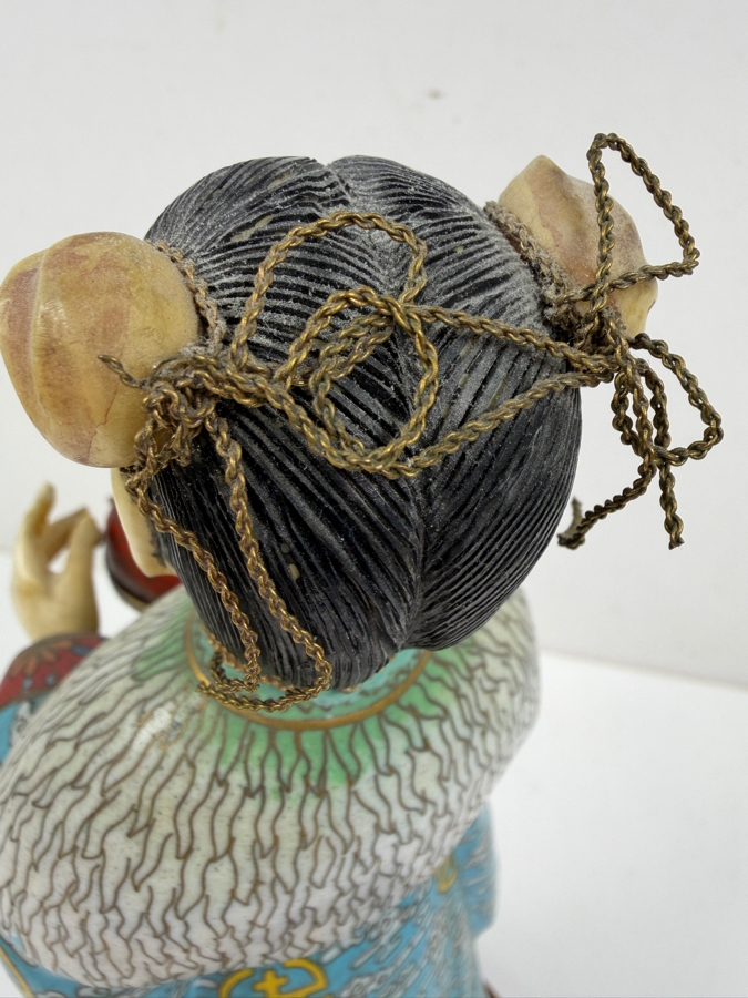 Chinese Cloisonne Enamel Figure Featuring A Finely Carved Smiling Face And Hands Wearing Elaborate Traditional Robes On Wooden Stand 12'H [Photo 12]