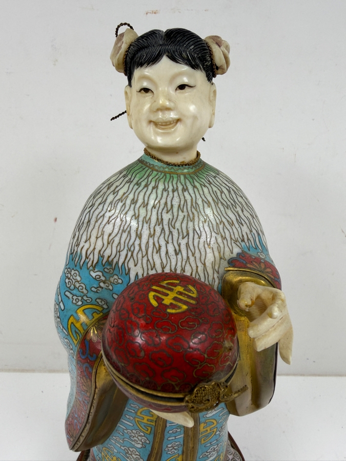 Chinese Cloisonne Enamel Figure Featuring A Finely Carved Smiling Face And Hands Wearing Elaborate Traditional Robes On Wooden Stand 12'H [Photo 2]