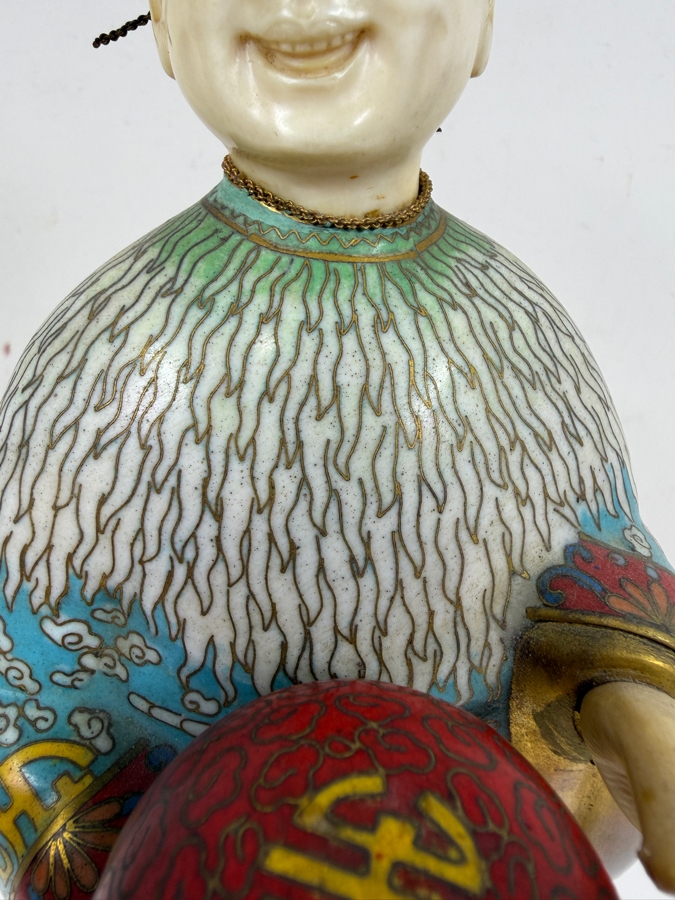 Chinese Cloisonne Enamel Figure Featuring A Finely Carved Smiling Face And Hands Wearing Elaborate Traditional Robes On Wooden Stand 12'H [Photo 4]