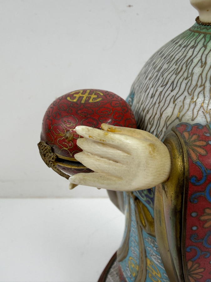 Chinese Cloisonne Enamel Figure Featuring A Finely Carved Smiling Face And Hands Wearing Elaborate Traditional Robes On Wooden Stand 12'H [Photo 10]