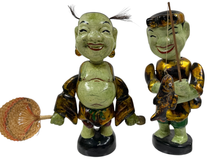 Vietnamese Hand-Carved Wooden Water Puppets With Waterproof Lacquer Designed For Performances In Flooded Rice Paddies 8.5'H