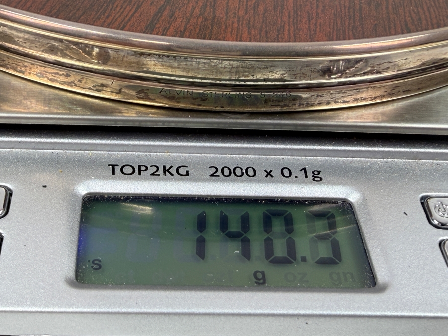 Four Vintage Alvin Sterling Silver Cordial Glasses with Baked Enamel Lining On A Decorative Wooden Tray With Silver Trim S-246 2.75'H / 6.5'W - Cups Weigh 73.1g / Tray Weighs 140.3g [Photo 10]