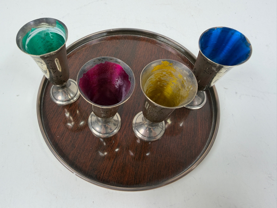 Four Vintage Alvin Sterling Silver Cordial Glasses with Baked Enamel Lining On A Decorative Wooden Tray With Silver Trim S-246 2.75'H / 6.5'W - Cups Weigh 73.1g / Tray Weighs 140.3g [Photo 3]