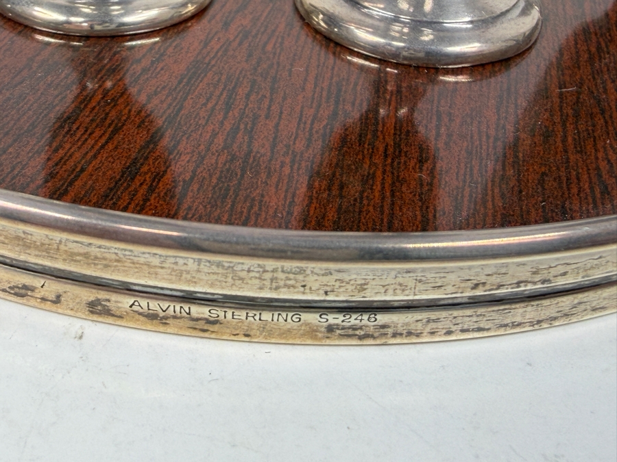 Four Vintage Alvin Sterling Silver Cordial Glasses with Baked Enamel Lining On A Decorative Wooden Tray With Silver Trim S-246 2.75'H / 6.5'W - Cups Weigh 73.1g / Tray Weighs 140.3g [Photo 4]