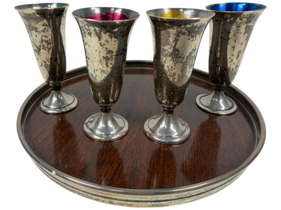 Four Vintage Alvin Sterling Silver Cordial Glasses with Baked Enamel Lining On A Decorative Wooden Tray With Silver Trim S-246 2.75'H / 6.5'W - Cups Weigh 73.1g / Tray Weighs 140.3g
