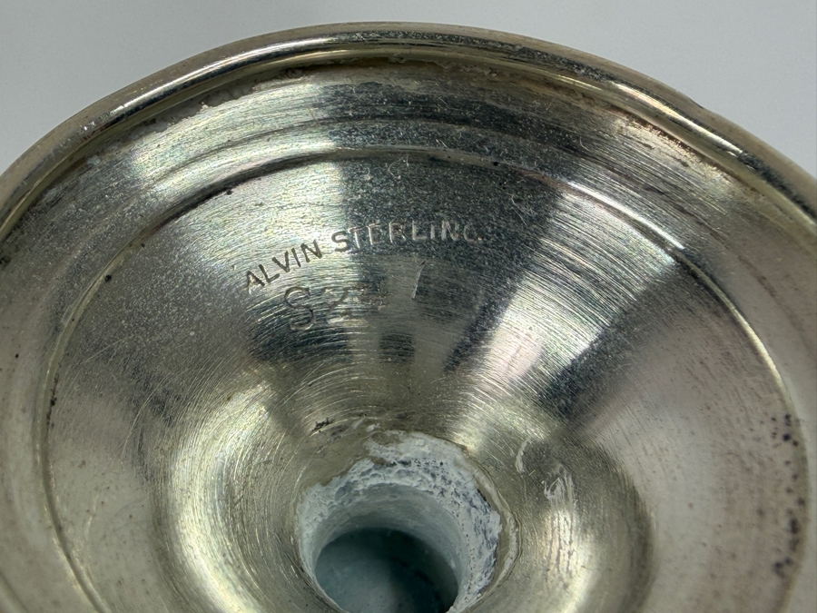 Four Vintage Alvin Sterling Silver Cordial Glasses with Baked Enamel Lining On A Decorative Wooden Tray With Silver Trim S-246 2.75'H / 6.5'W - Cups Weigh 73.1g / Tray Weighs 140.3g [Photo 6]