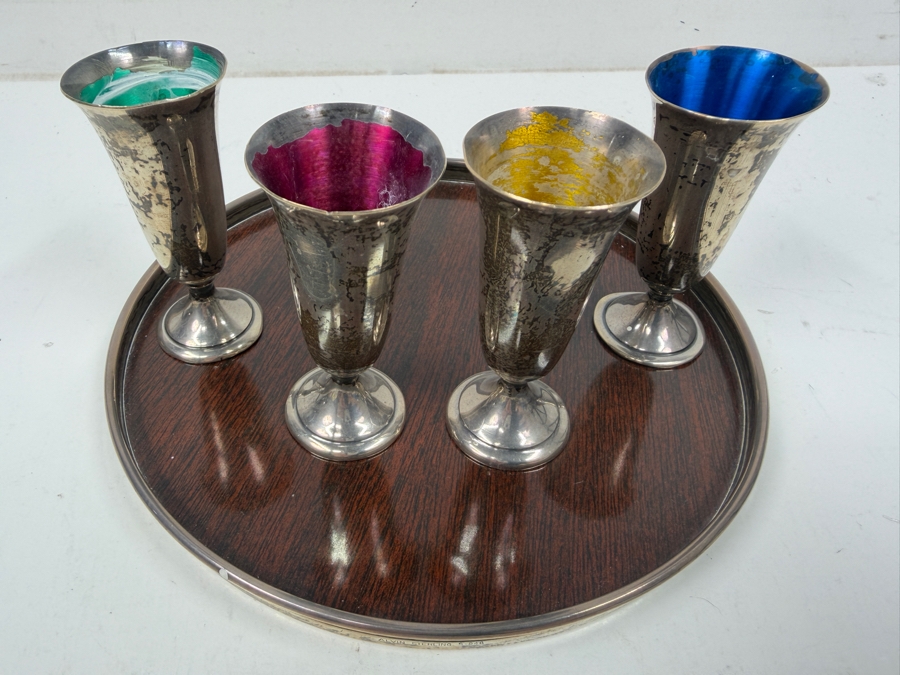 Four Vintage Alvin Sterling Silver Cordial Glasses with Baked Enamel Lining On A Decorative Wooden Tray With Silver Trim S-246 2.75'H / 6.5'W - Cups Weigh 73.1g / Tray Weighs 140.3g [Photo 2]