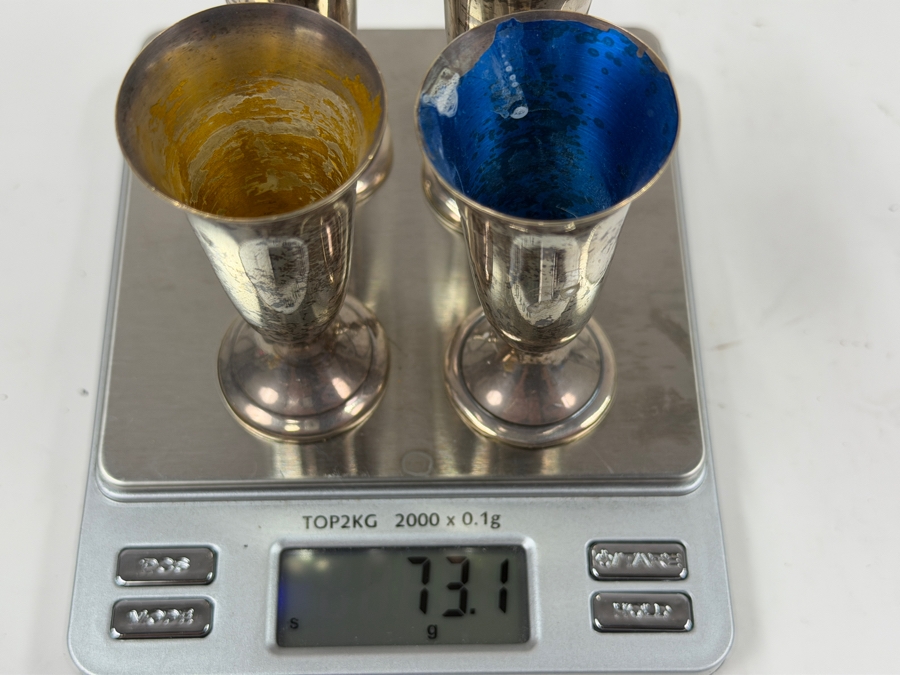 Four Vintage Alvin Sterling Silver Cordial Glasses with Baked Enamel Lining On A Decorative Wooden Tray With Silver Trim S-246 2.75'H / 6.5'W - Cups Weigh 73.1g / Tray Weighs 140.3g [Photo 8]