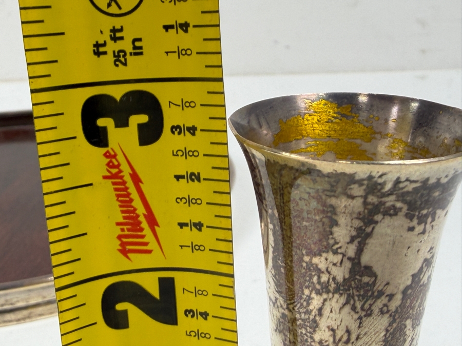 Four Vintage Alvin Sterling Silver Cordial Glasses with Baked Enamel Lining On A Decorative Wooden Tray With Silver Trim S-246 2.75'H / 6.5'W - Cups Weigh 73.1g / Tray Weighs 140.3g [Photo 7]